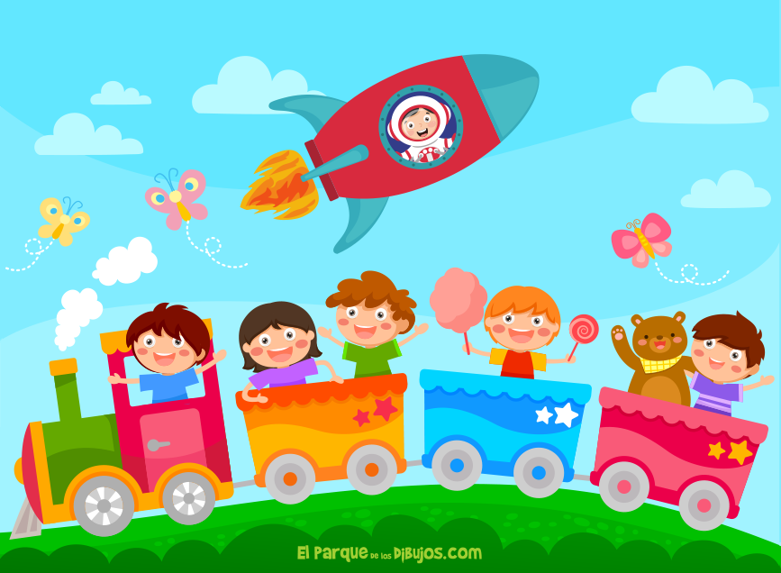 Dibujo infantil de un tren con niños, su amigo el oso y un niño astronauta que está pasando por encima