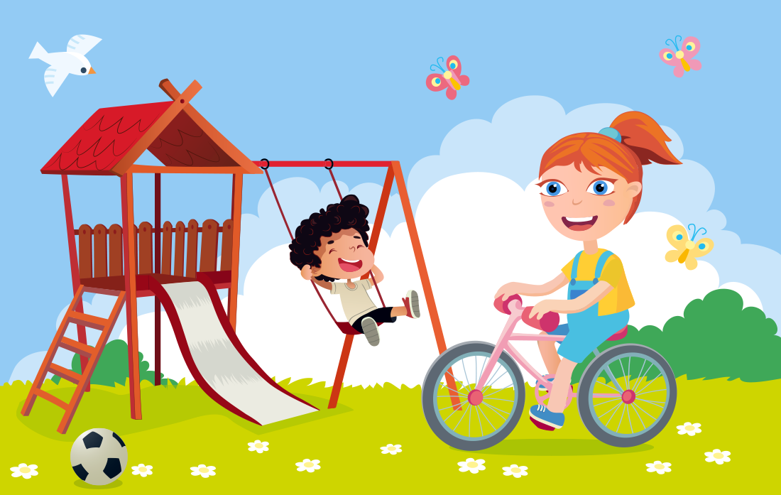 Dibujos infantiles de Marta monta en bicicleta por el parque mientras Carlos monta en el columpio.