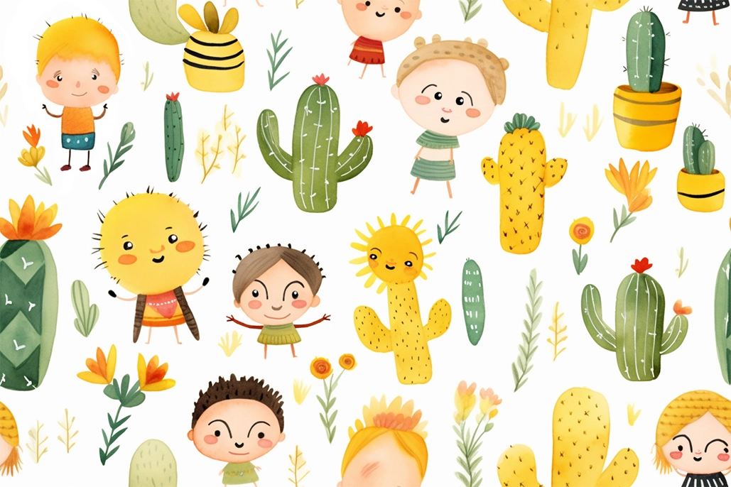 Dibujo para decorar habitación infantil con cactus, plantas y niños