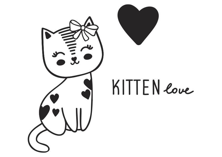 Dibujo para colorear de una gatita kitten love. Dibujo para imprimir de  gatita kitten love. Dibujo para descargar de gatita kitten love.