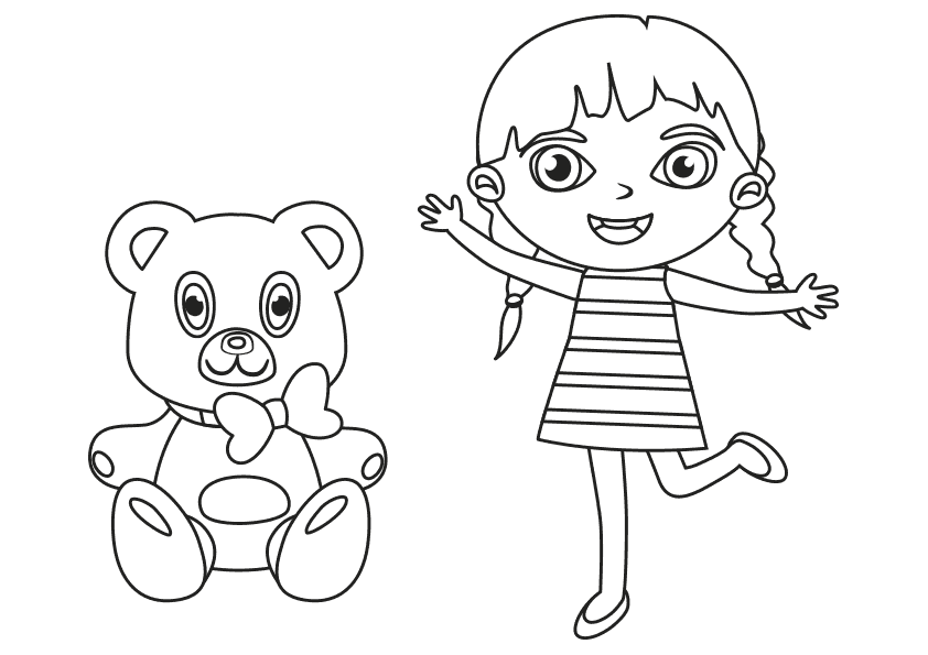  Dibujo para colorear de una niña jugando con un oso
