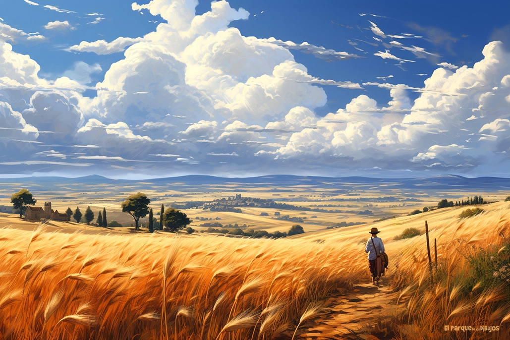 Dibujos bonitos de paisajes rurales, campo de trigo en verano con un pueblo al fondo.