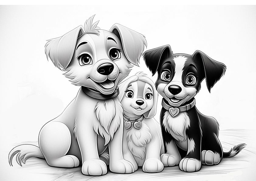 Dibujo en blanco y negro de 3 preciosos cachorros de perro