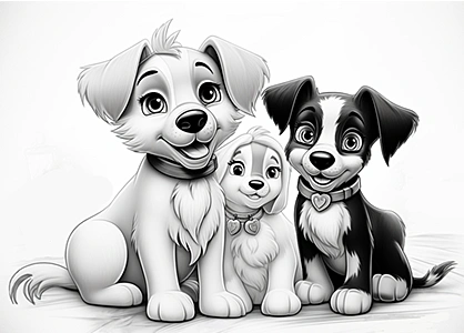 Imagen en blanco y negro de 3 preciosos cachorros.