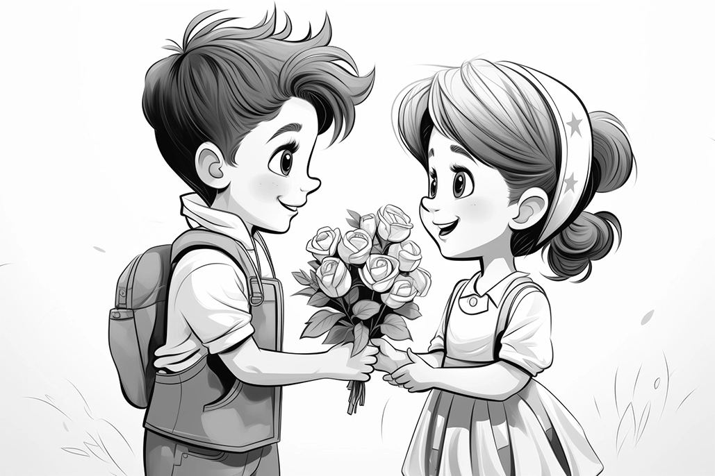 Dibujos bonitos para imprimir, imagen de un niño que regala flores a una niña.