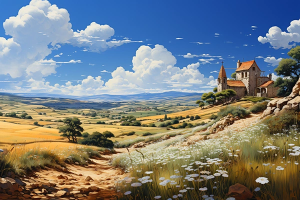Preciosa ilustración de un paisaje del campo de Castilla (España) y un pequeño pueblo
