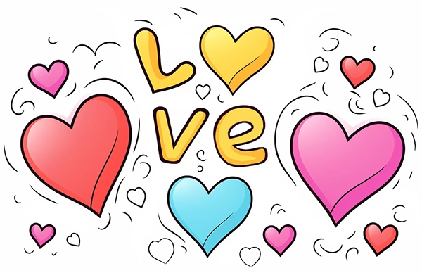 Imagen en color para imprimir de unos corazones con la palabra LOVE