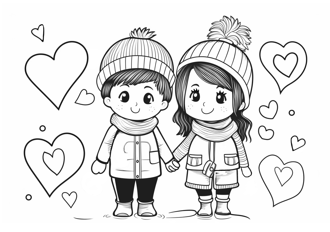 Dibujo para colorear dos niños agarrados de la mano con corazones