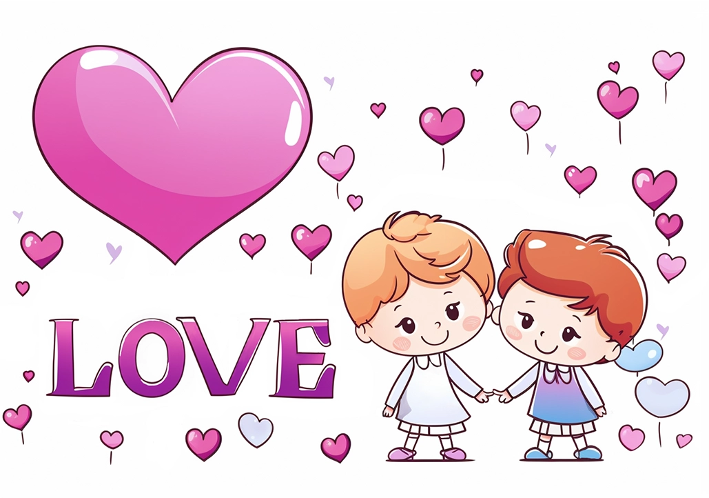Imagen de unos niños con la palabra LOVE y corazones