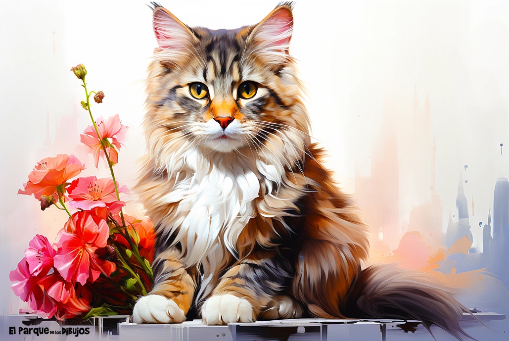 Imagen dibujo retrato artístico de un gato con flores en color