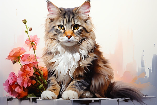 Imagen para descargar de un retrato artístico de un gato con flores
