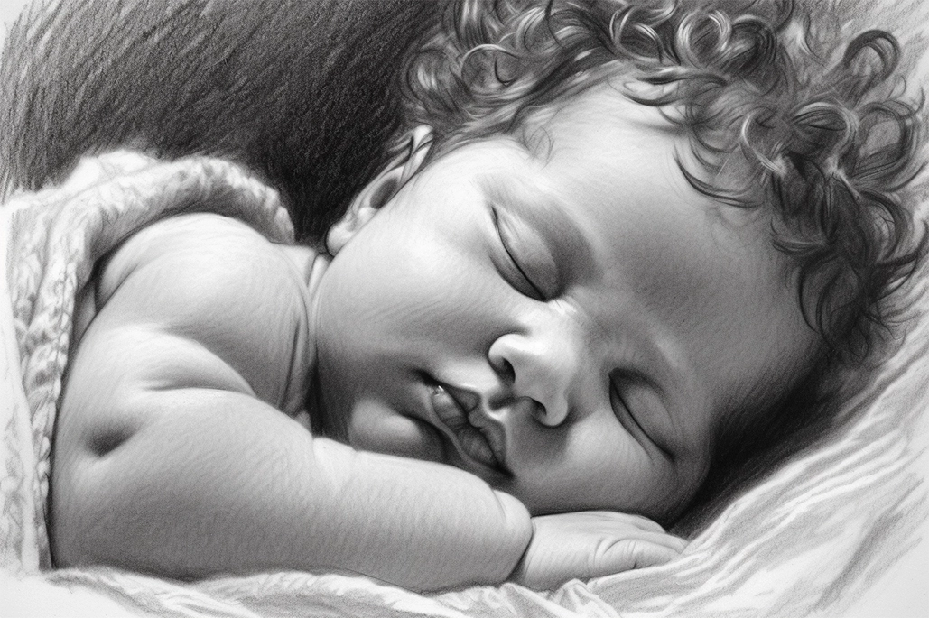 Dibujo artístico hecho a carboncillo de un bebé dormido
