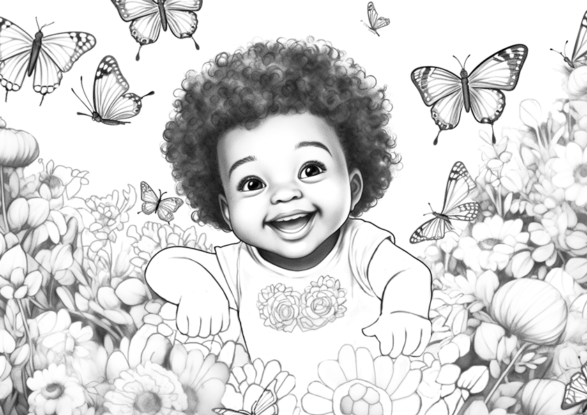 Dibujo de un bebé para colorear entre flores y mariposas