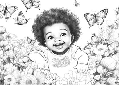 Dibujo de un bebé para colorear en un campo con flores y mariposas