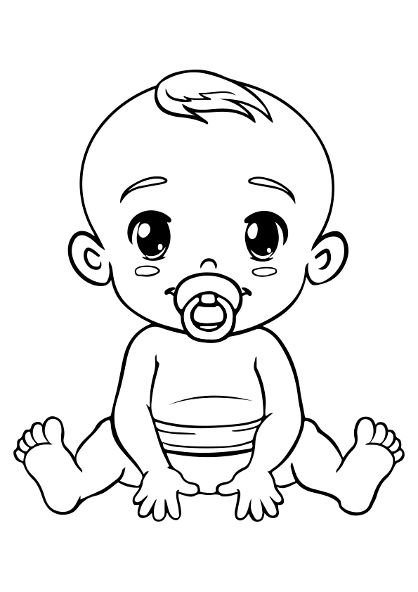 Dibujo para colorear de un bebé recién nacido con un chupete en la boca.