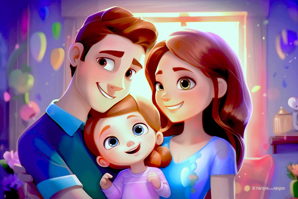 Imagen en color de un bebé con su papá y su mamá
