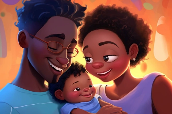 Imagen en color dibujo de un bebé con sus padres