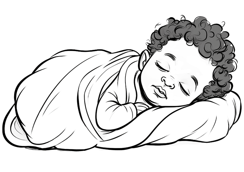 Dibujo para colorear de una bebé durmiendo en el saco