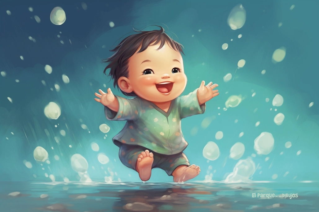 Imagen en color de de un bebé chapoteando en el agua