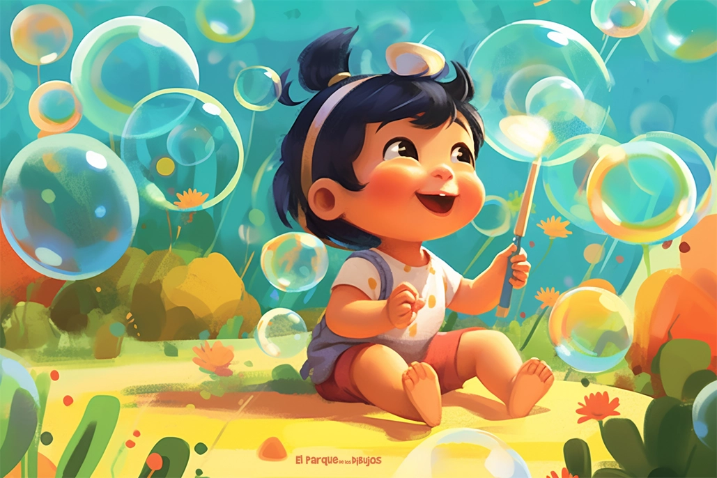Imagen en color de una bebé jugando con un pompero