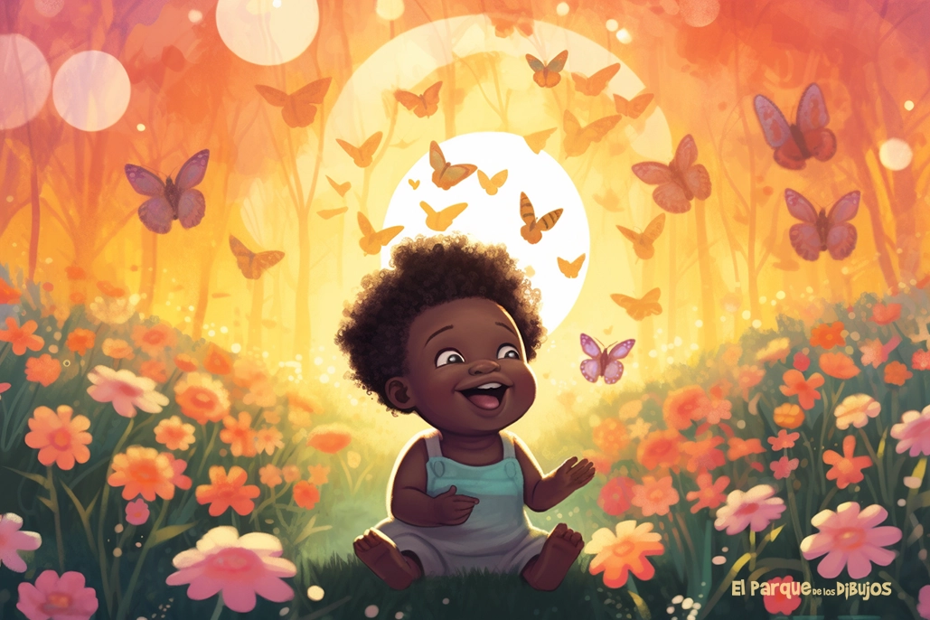 Imagen en color de una bebé sentada en el campo con flores y mariposas