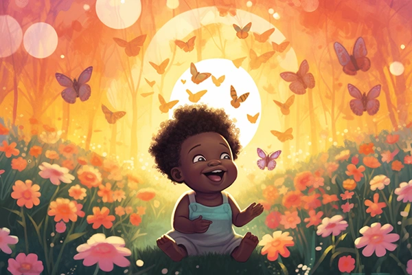 Imagen en color para descargar gratis de un bebé jugando en el campo con flores y mariposas