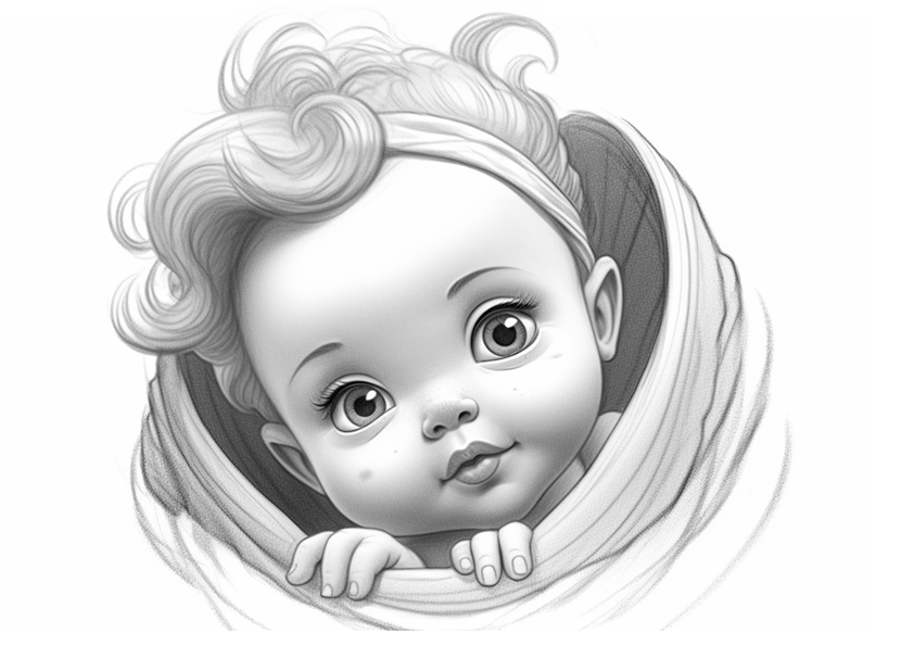 Dibujo para colorear de una niña bebé que aparece entre telas