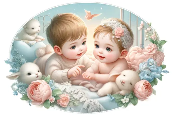 Ilustración de un bebé y una bebé con peluches y animales