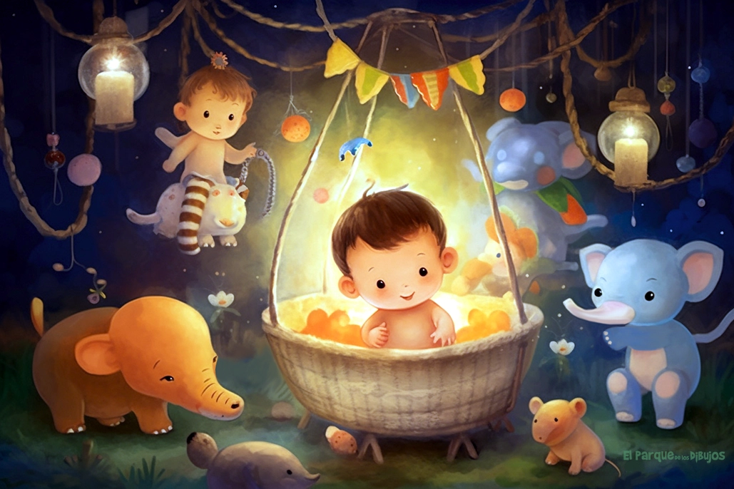 Imagen en color de bebés jugetones en un entorno de fantasía