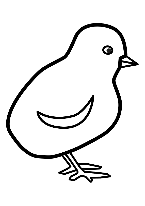 Dibujo muy fácil para colorear un pollito. Dibujo para imprimir un pollito infantil. Dibujo para descargar de un pollito.