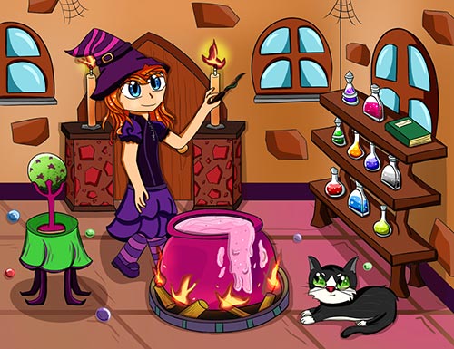 Dibujo de la bruja Luna con la poción mágica y su gato Cascabel