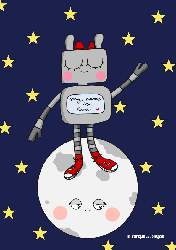 Dibujo del personaje Kira, una gata robot que vive feliz en el planeta Dion