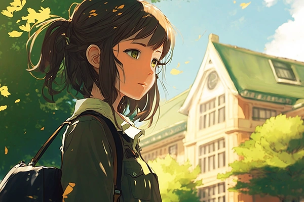 Ilustración manga de una chica que sale del colegio