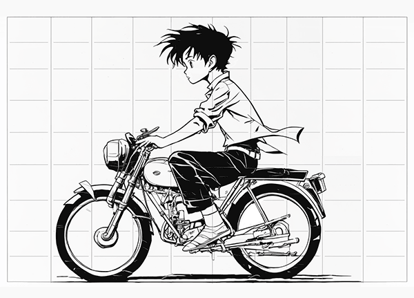 Plantilla para aprender a hacer dibujos manga nº 1. Dibujo estilo Manga de un chico montando en moto.