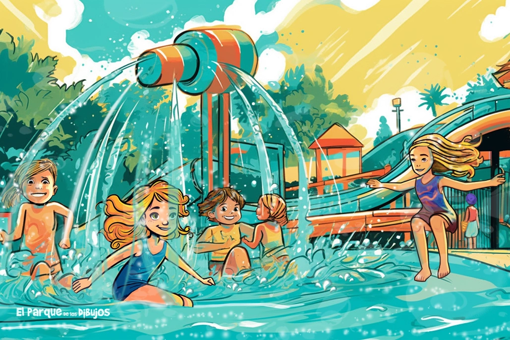 Dibujos de verano. Niños jugando en el Parque Acuático