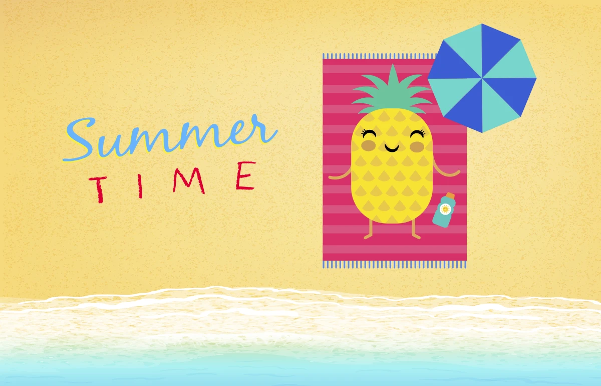 Dibujos de verano. Fruta tomando el sol en la playa.