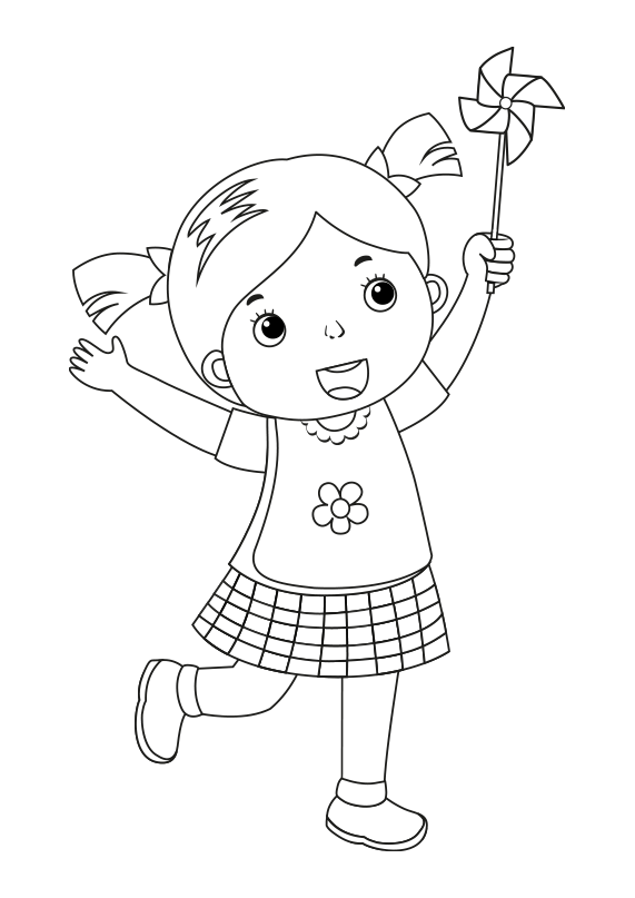 Dibujo de una niña con un molinillo para colorear. A girl with a pinwheel  coloring page
