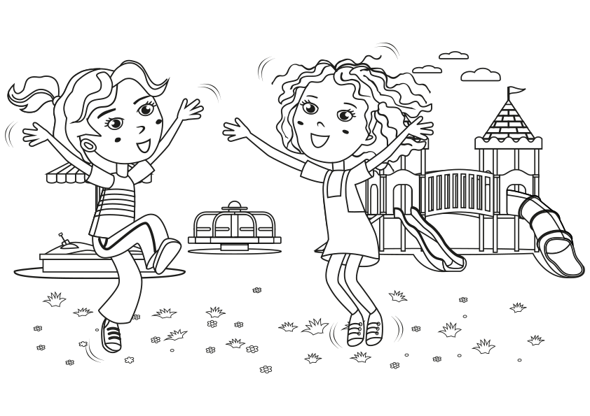 Dibujo de unas niñas saltando en el parque para colorear