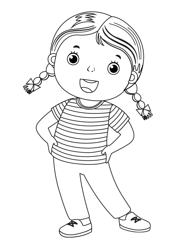 Dibujo de una niña con un molinillo para colorear. A girl with a pinwheel  coloring page