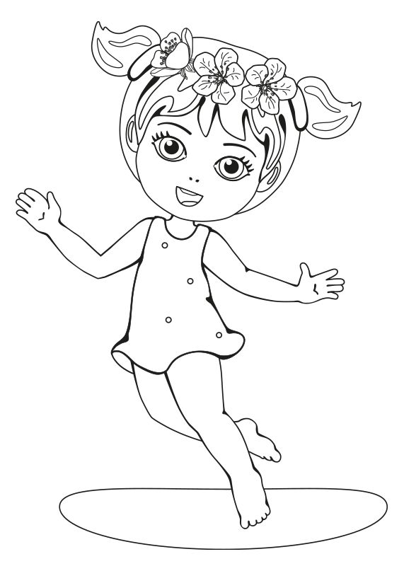 Dibujo para colorear una niña saltando con un vestido y flores en la cabeza