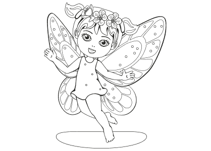 Dibujo para colorear de una niña con alas de mariposa.