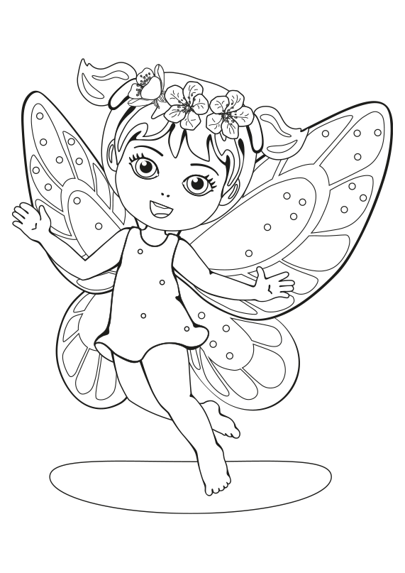 Dibujo para colorear una niña saltando con un vestido, flores en la cabeza y alas. Coloring page of a girl jumping with a dress, flowers on her head and wings.