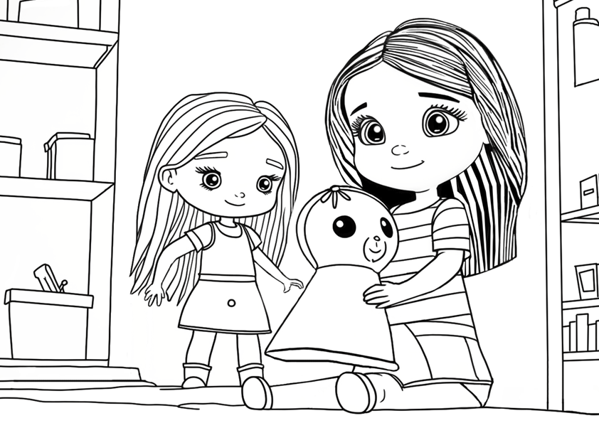 Dibujo para colorear de 2 niñas jugando en su habitación con una marioneta.