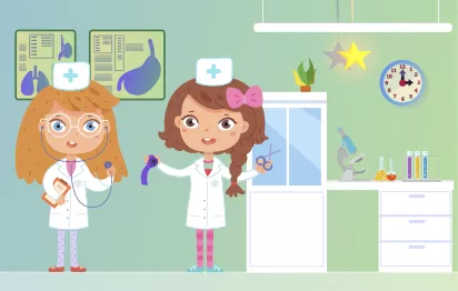 Dibujos para niñas. Ilustración infantil en la que salen 2 niñas doctoras en un hospital.