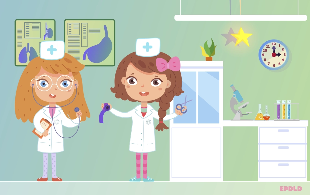 Ilustración infantil en la que salen 2 niñas doctoras en un hospital