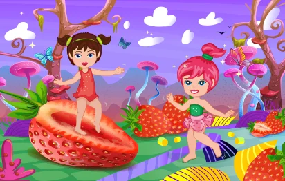 Dibujos para niñas jugando en el campo de fresas.