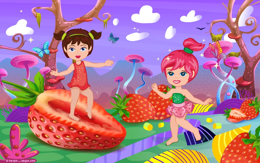 Dibujo para niñas, jugando en el campo de fresas