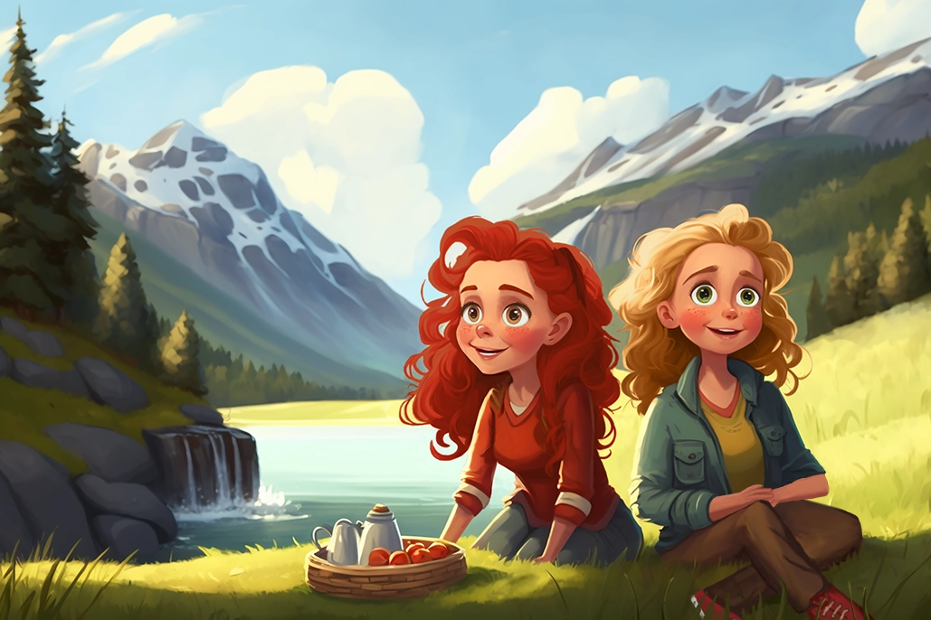 Dibujo para niñas, las hermanas Megan y Sara de picnic en el Valle Azul