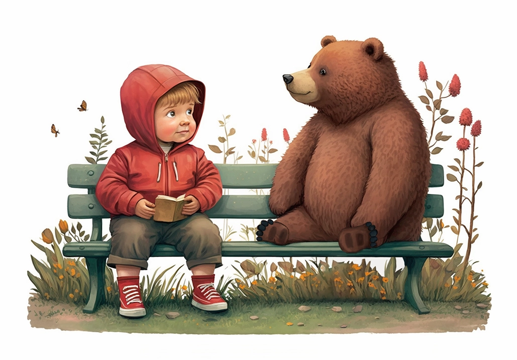 Dibujo para niños, el niño Tomás sentado en un parque con un oso