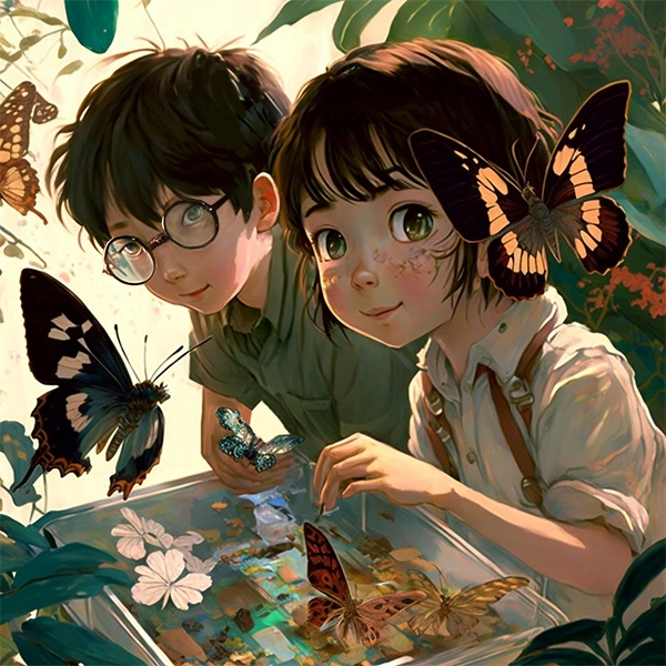 Los 2 hermanos juegan con las mariposas